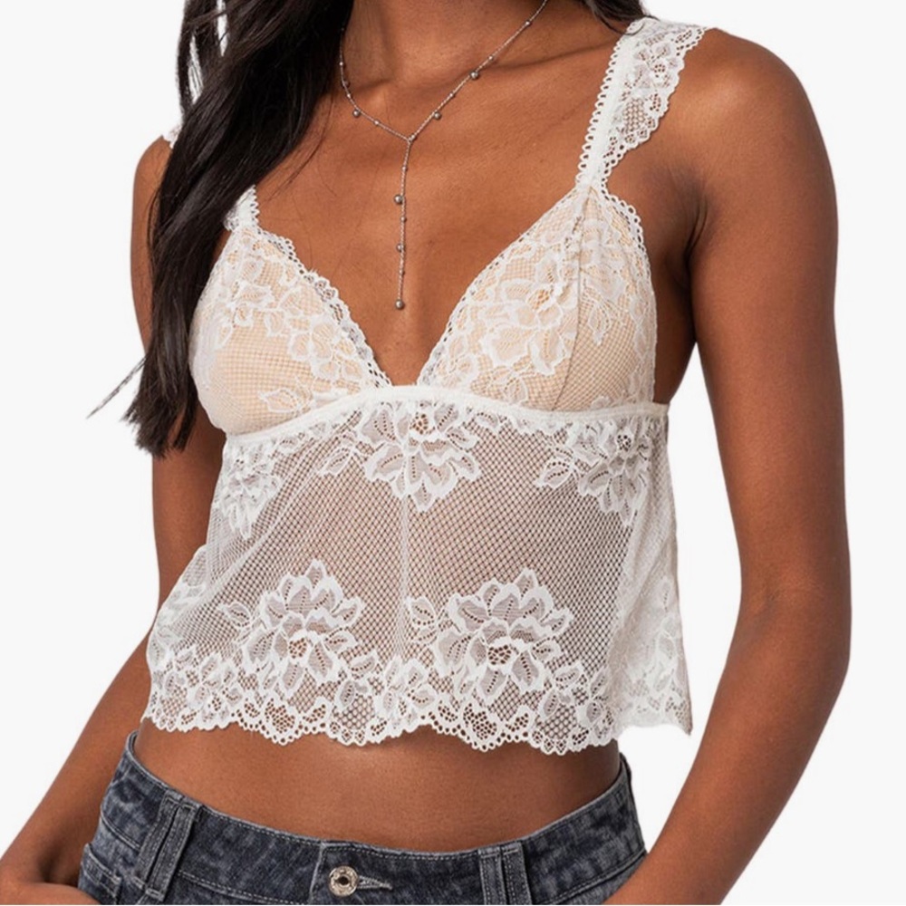 Edikted Jasmine Sheer Lace Crop Tank Top Size Medium